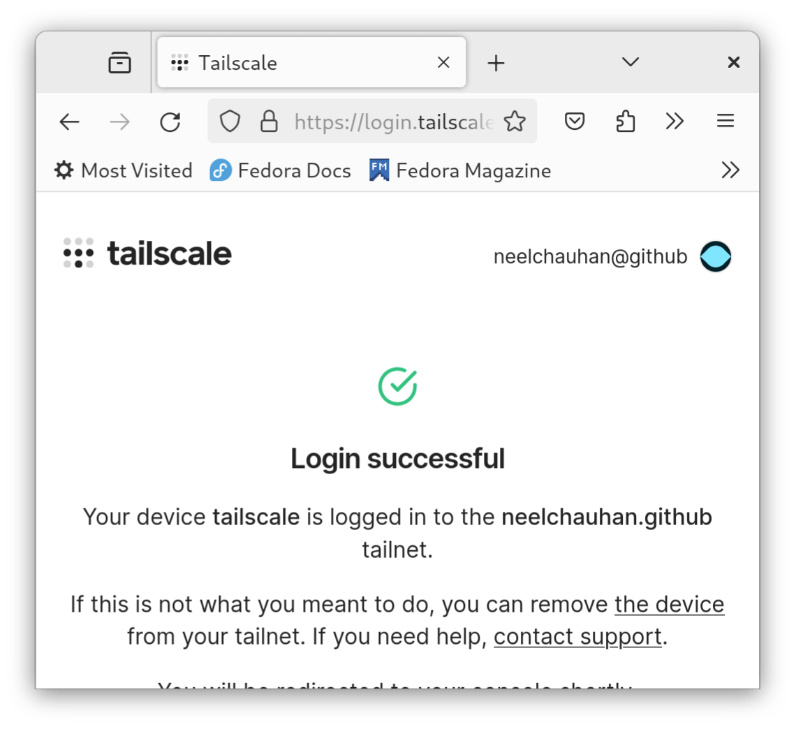 Tailscale login successful dialog