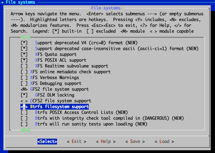 Schermata Configurazione del Kernel File Systems